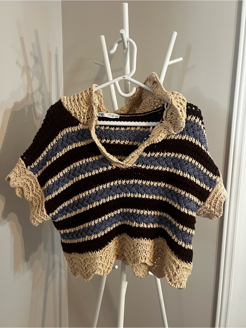 Zara Striped Crochet V-Neck Sweater Top - Beige, Black, Blue
